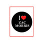 Black pinback button badge with white “I ♥ ZAC MORRIS” text and a red heart