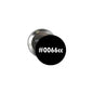 Round pinback badge with black face and white #0066cc text
