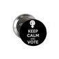 Round black pinback button with white KEEP CALM AND VOTE text, metal back visible