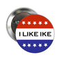 2.25-inch round pinback button with “I LIKE IKE” text and red, white, blue stars