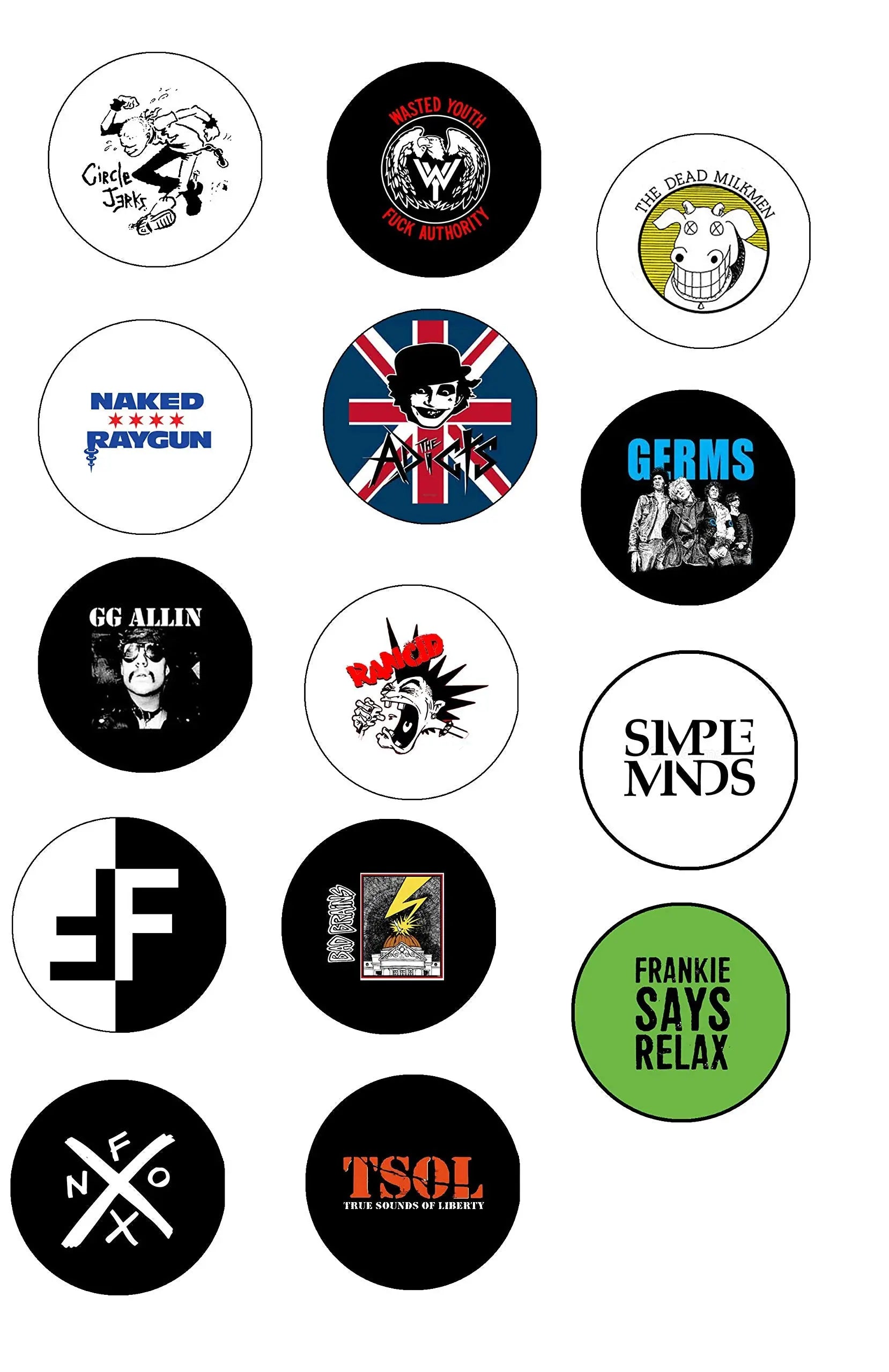 Set of 12 round punk rock pinback buttons with black-and-color band logo designs