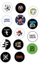 Set of 12 round punk rock pinback buttons with black-and-color band logo designs