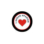 Round pinback button, black rim, white face, red heart, I Speak Spanish text