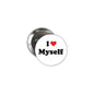 Round white pinback badge with red heart and black “I Love Myself” text, metal back