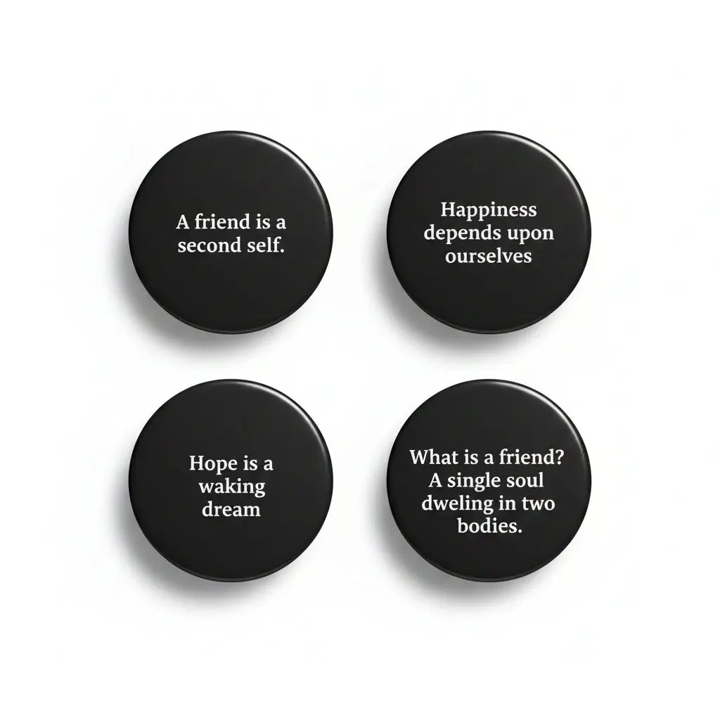 Round black pinback set, four friendship quote badges with white text on front