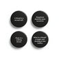 Round black pinback set, four friendship quote badges with white text on front