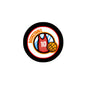 Round sports team pinback button with black border and baseball-themed graphic, 10