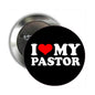 Black pinback button with red heart and “I Love My Pastor” text