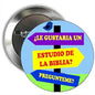 Round enamel-style button pin with multicolor Spanish text and blue bird icon