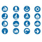Round blue sailing button brooches with white nautical symbols (ships, anchors, waves)