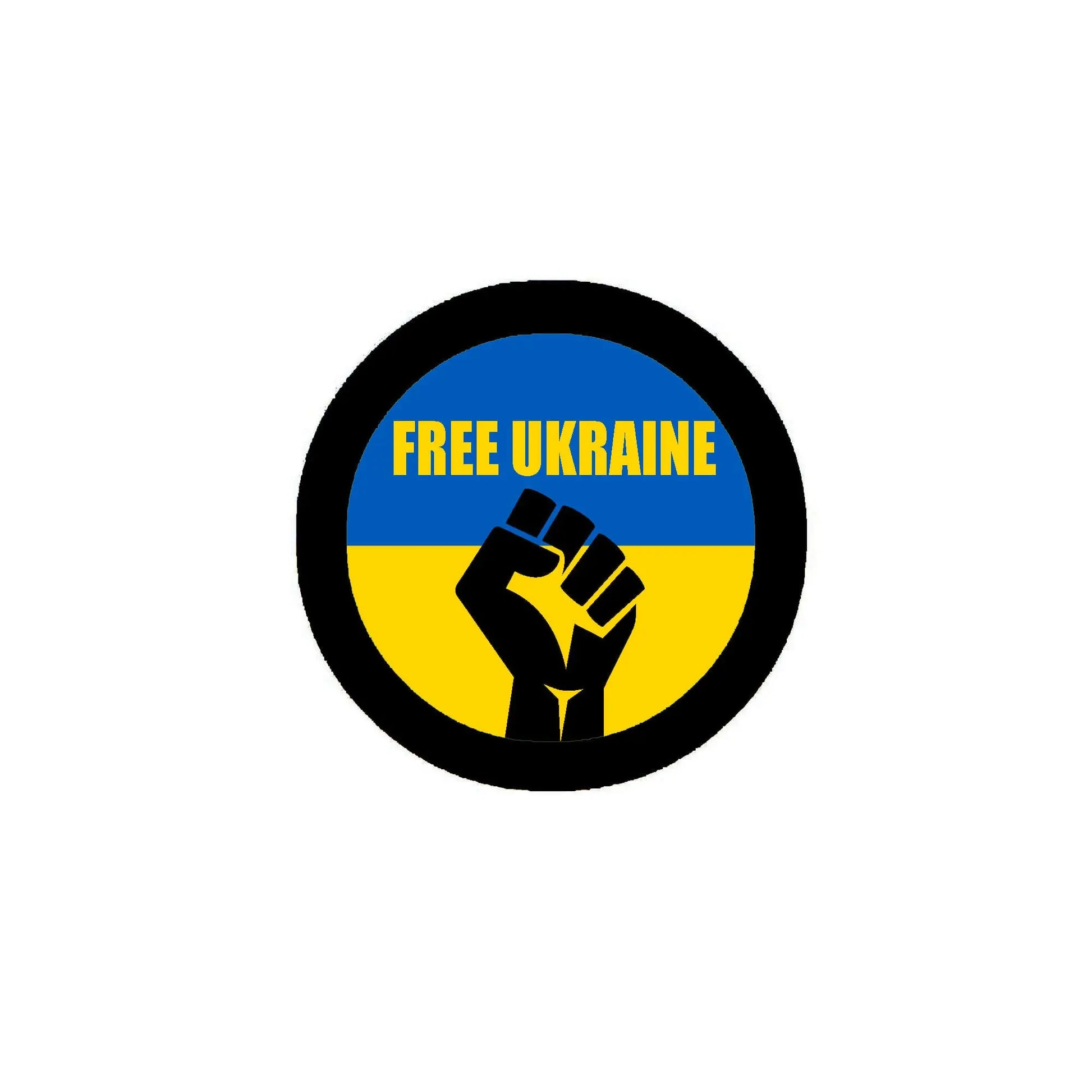 Round button pin with 'FREE UKRAINE' text and trident in blue-yellow
