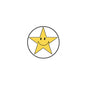 Round pinback badge with a yellow star smiley face in a black circle