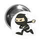 Round ninja cartoon pinback button with black caped character on white background