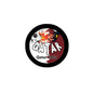 Round black-bordered Qatar 2022 soccer pinback button with flame and ball graphics