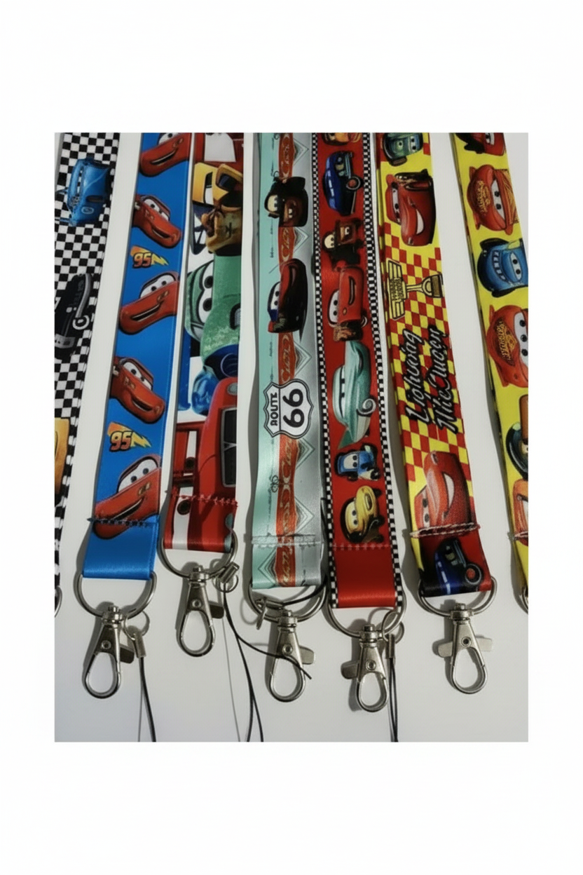 Six colorful themed lanyards with silver metal clasps, displayed side-by-side against a white background.