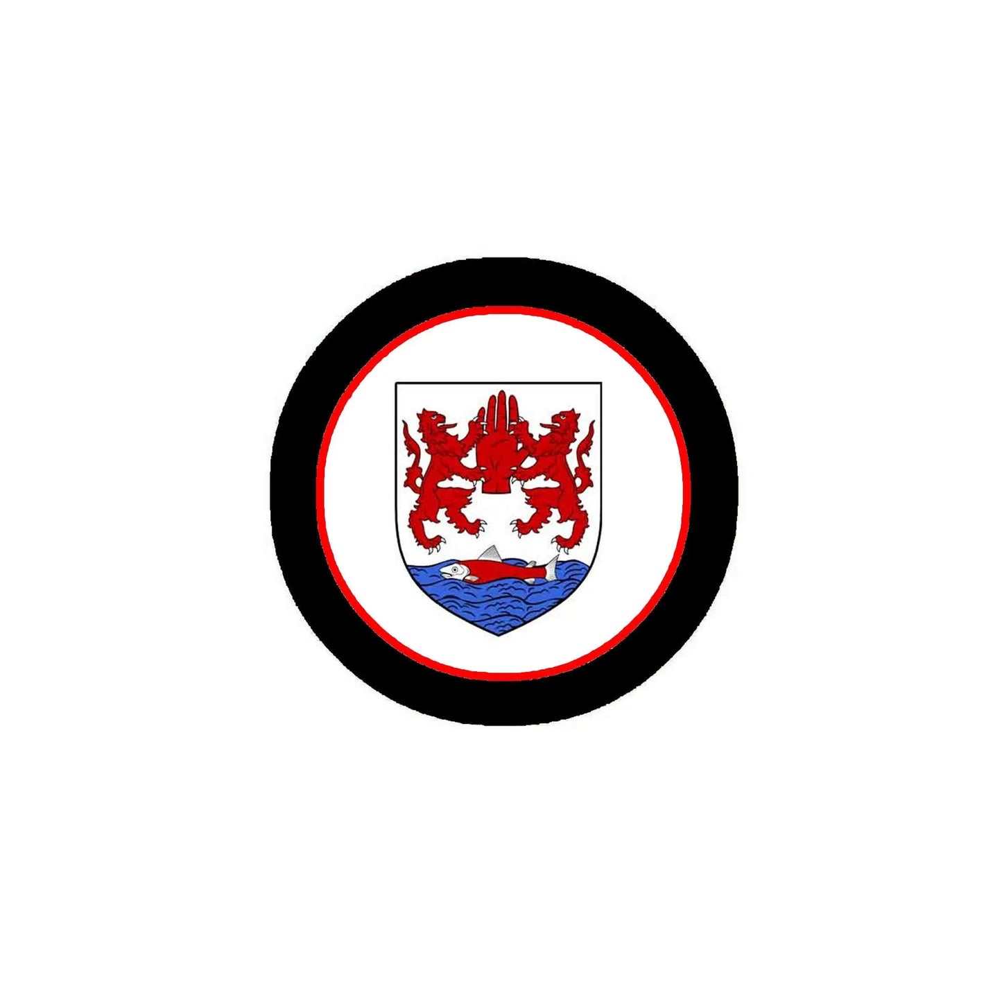 Family crest coat of arms magnet, circular black ring with red-edged shield