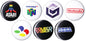 Vintage gaming button badge set, round pins with Atari, Nintendo 64, GameCube, Sega logos