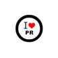 2.25-inch pinback badge, circular black rim with "I ♥ PR" on white
