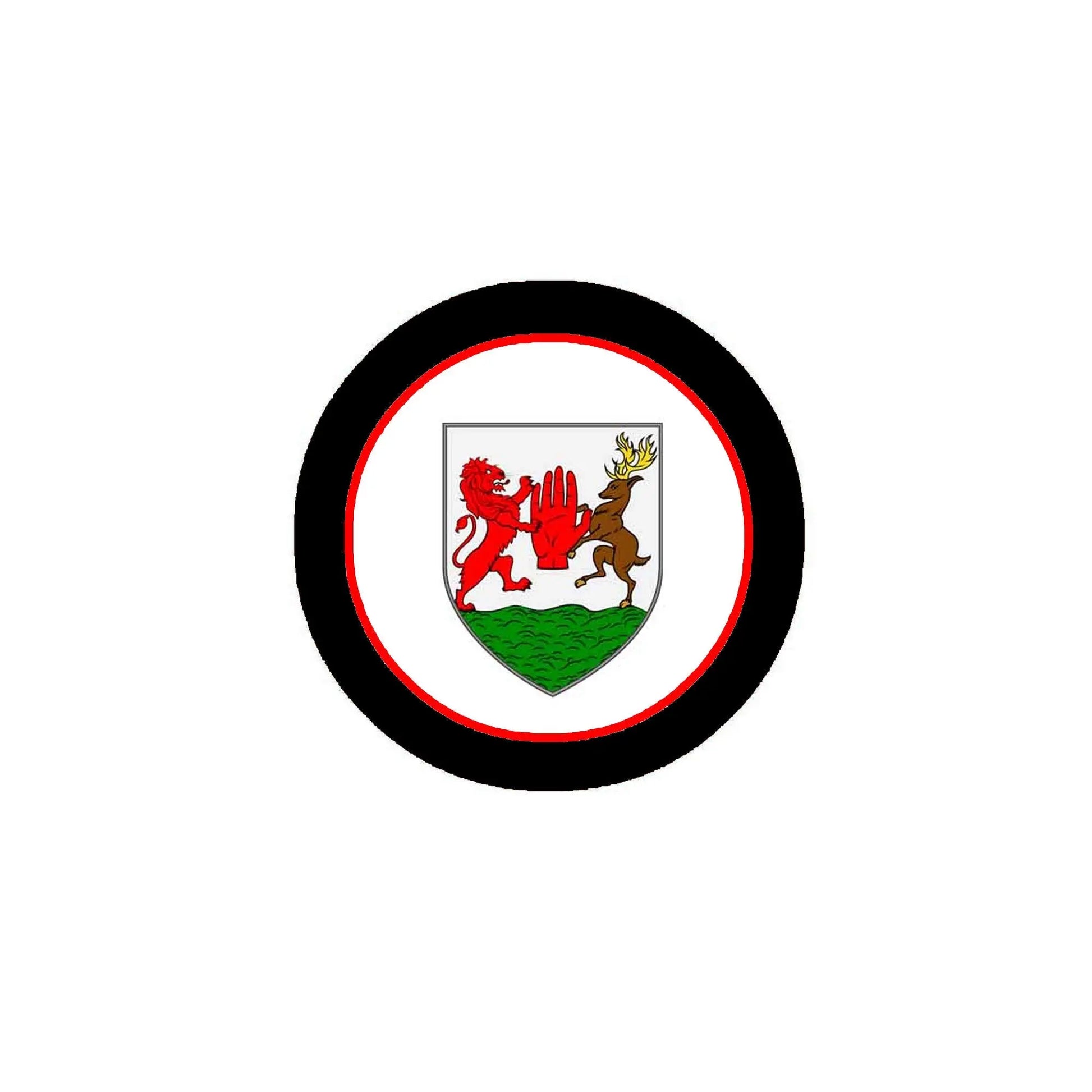 Round coat of arms enamel pinback badge with black border, red and green crest