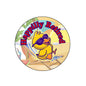 Happily Retired round pinback button with purple text and duck illustration
