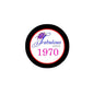 Round pinback button with black rim and 'Fabulous since 1970' text