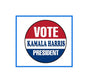 Circular Kamala Harris pin with 'VOTE', 'KAMALA HARRIS' and 'PRESIDENT' text