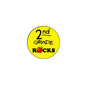 Yellow round pinback button with "2nd grade rocks" text and red rock icon