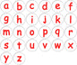 Lowercase letter pinback button set, red alphabet on white circular badges