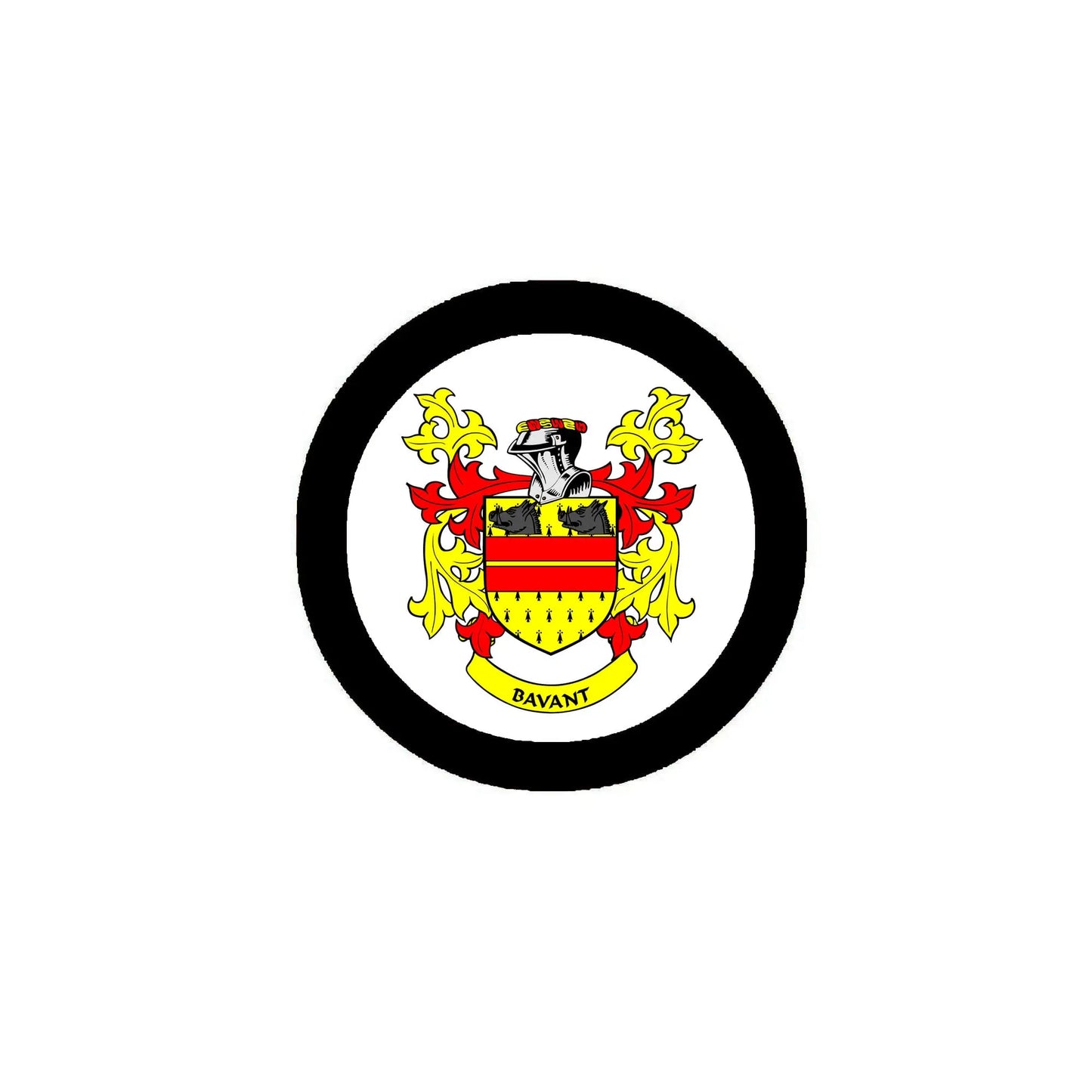 Circular black-ring family crest arms magnet with multicolor shield and BAVANT text