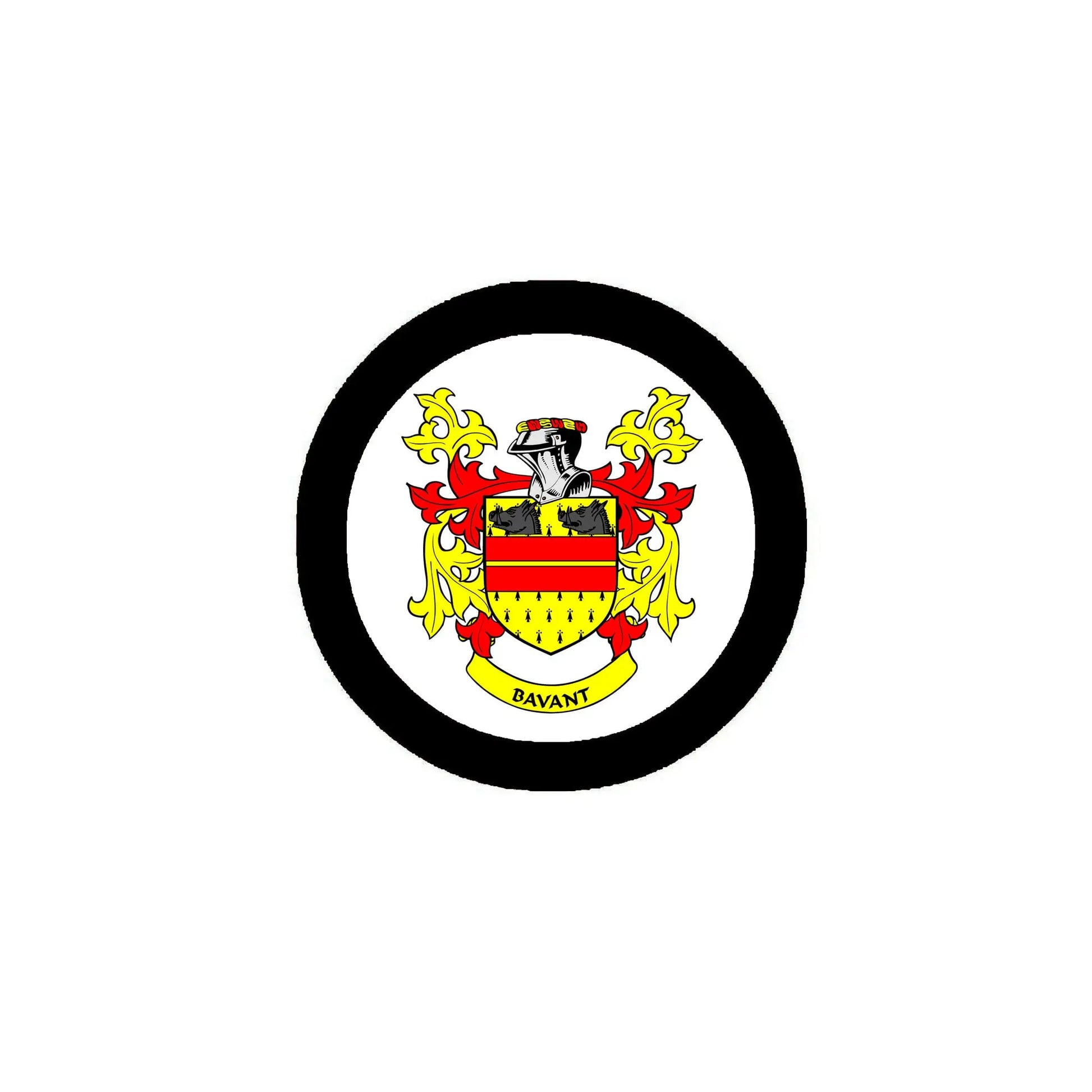 Circular black-ring family crest arms magnet with multicolor shield and BAVANT text