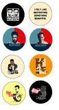 Round pinback buttons with illustrated faces and quote text on each button