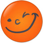 Orange smiley pinback button with winking grin face, 2.25 inch