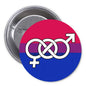 Bisexual pride flag pinback button with pink, purple, blue and infinity symbol