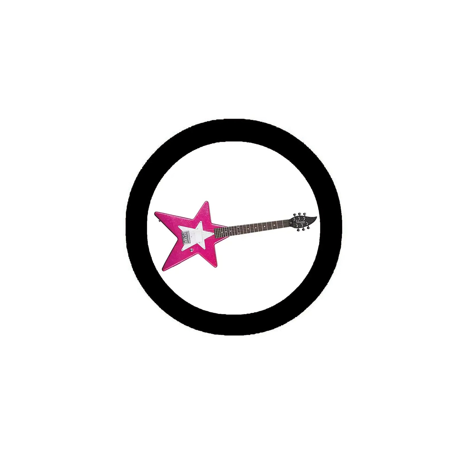 Round pinback button with pink star and guitar graphic, black outer ring