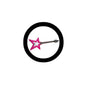 Round pinback button with pink star and guitar graphic, black outer ring