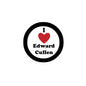 Round black pinback button with 'Edward Cullen' text and red heart center