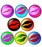 Set of 8, 1-inch pinback buttons with colorful kiss lip designs in round badges