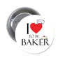 Baker pinback button with red heart, chef hat, and 'I love to be baker' text