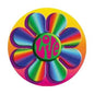 Colorful daisy pinback button with rainbow petals and 'love' center