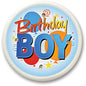 Round 2.25-inch birthday boy pinback button with blue lettering