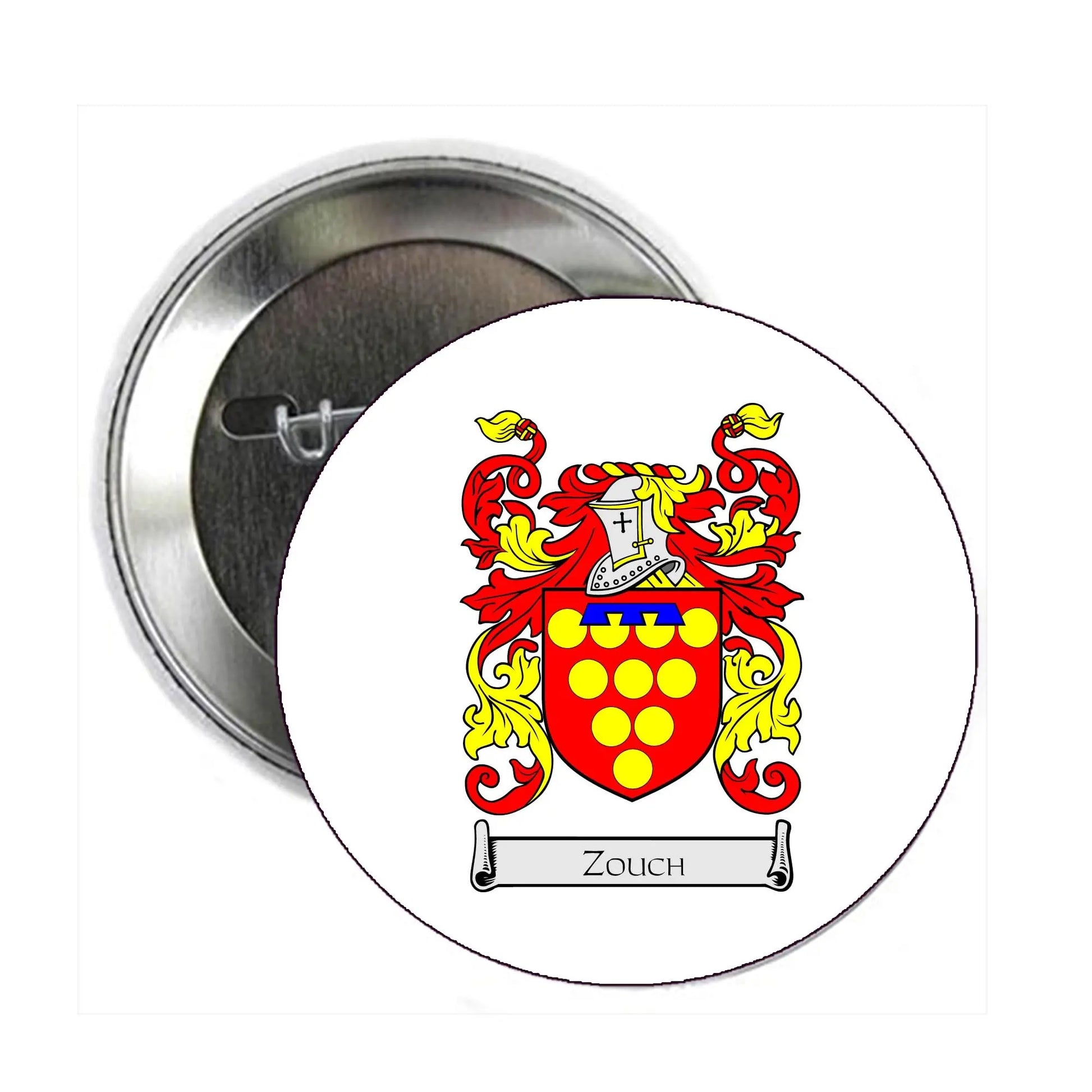 Round metal pinback button with colorful coat of arms crest and 'ZOUCH' banner