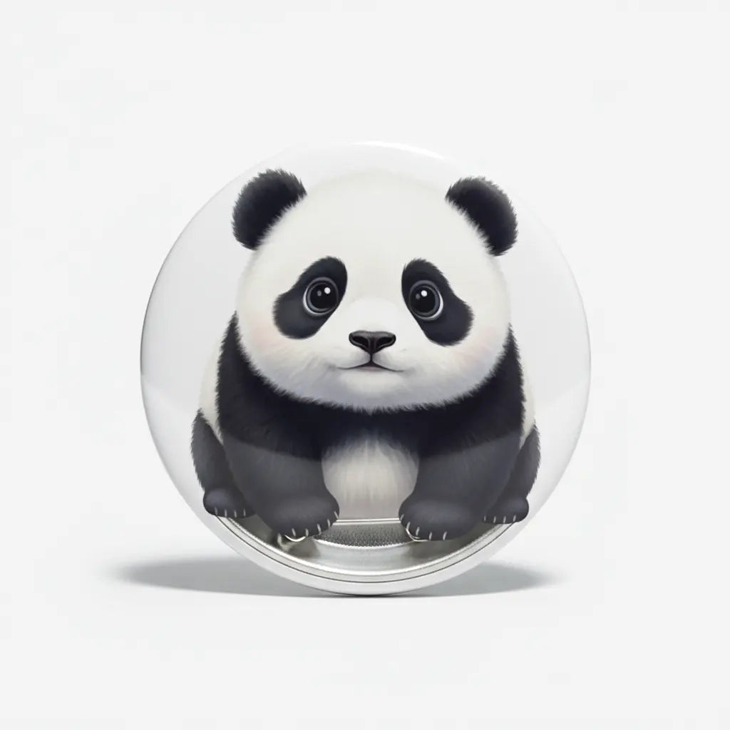 2.25-inch baby panda pinback button with round silver clasp and smiling face