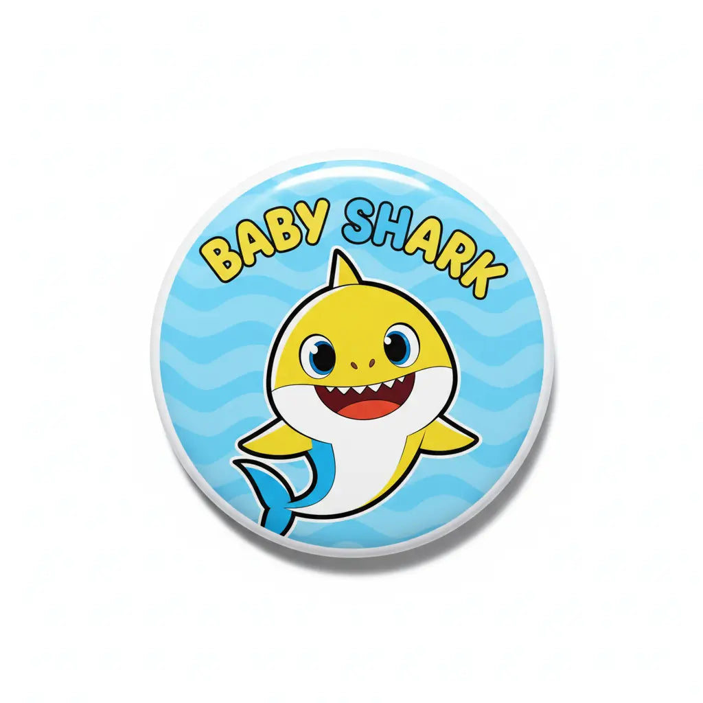 2.25-inch round Baby Shark pinback with cartoon shark face and BABY SHARK text