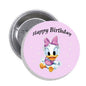 Pink round pinback button with Happy Birthday text and cartoon duck illustration