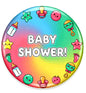 2.25-inch baby shower pinback button with “BABY SHOWER!” text and colorful baby icons