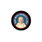 Round pinback button with black rim, blue center featuring baby portrait and Baby Week March 4 1916 text