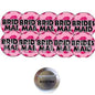 Round pink bridal party pinbacks with 'Brid'/'Maid' text; shows back side