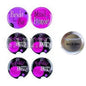 Set of six round purple/pink pinback badges with “Bride Be”, “Maid Honor”, and “Party” text