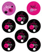 Set of 8 round bachelorette pinback buttons, black and purple, Bride Be and Maid of Honor designs