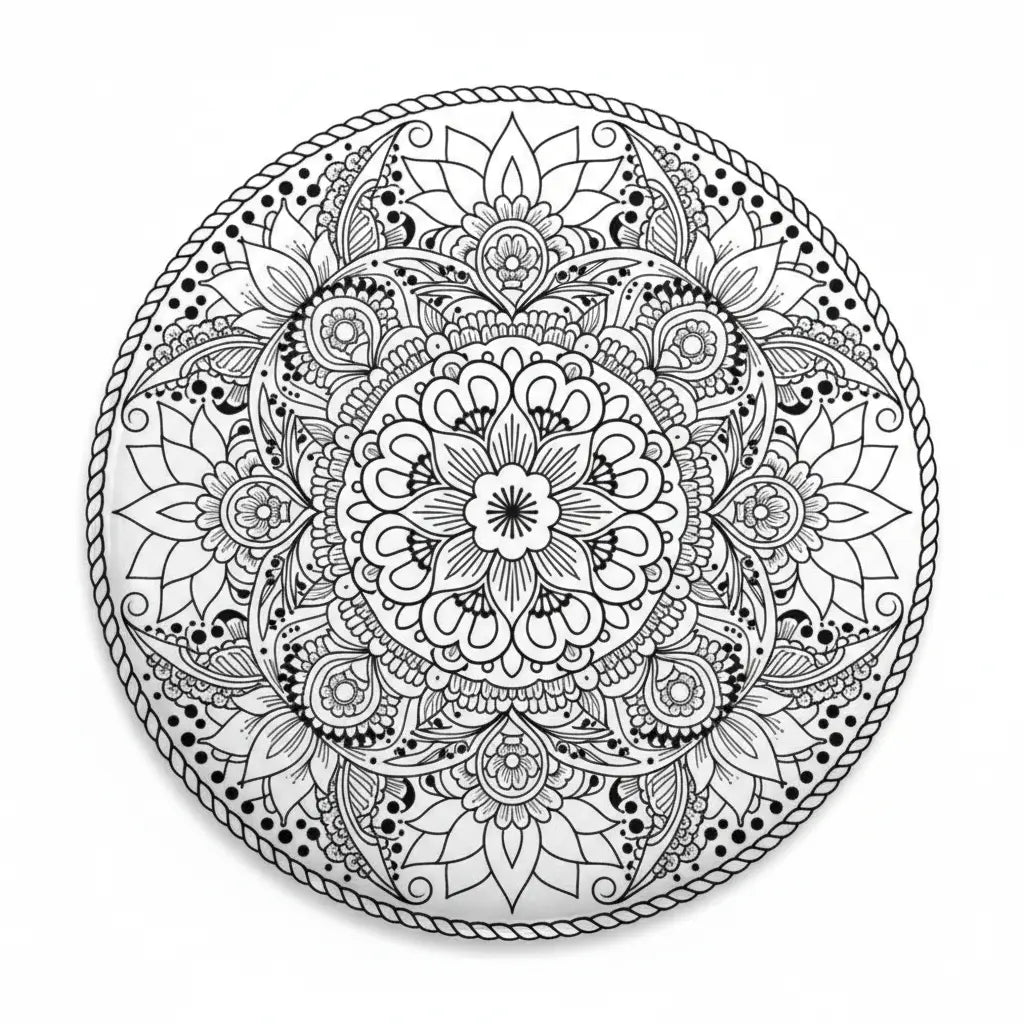 2.25-inch henna pattern pinback button with black-and-white floral mandala design